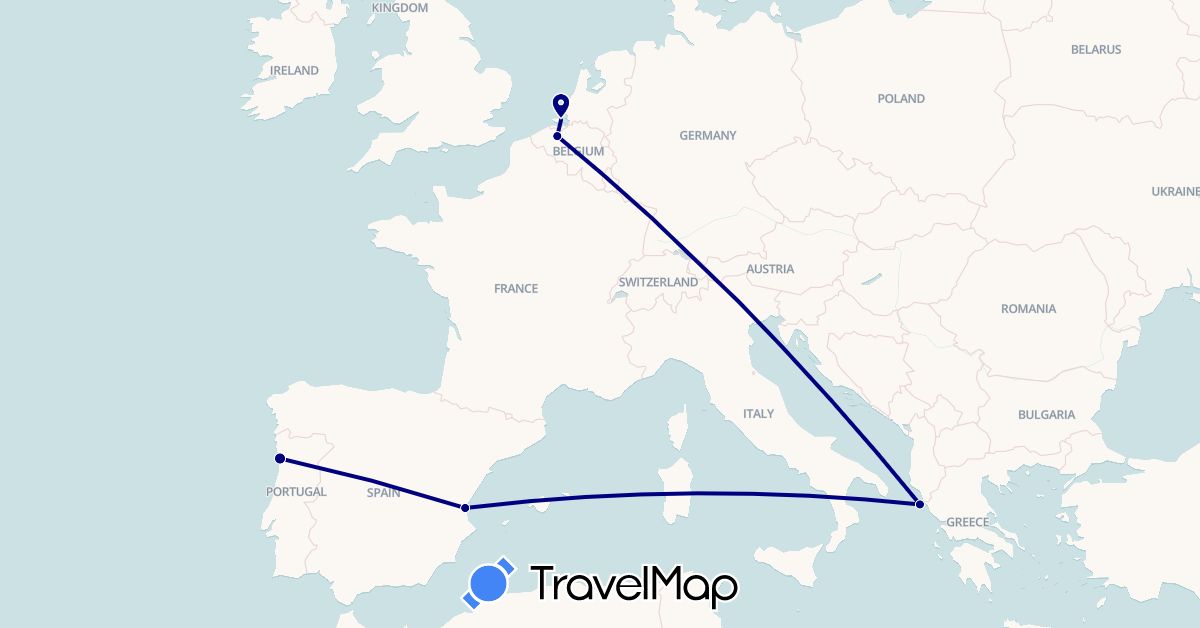 TravelMap itinerary: driving in Belgium, Spain, Greece, Netherlands, Portugal (Europe)